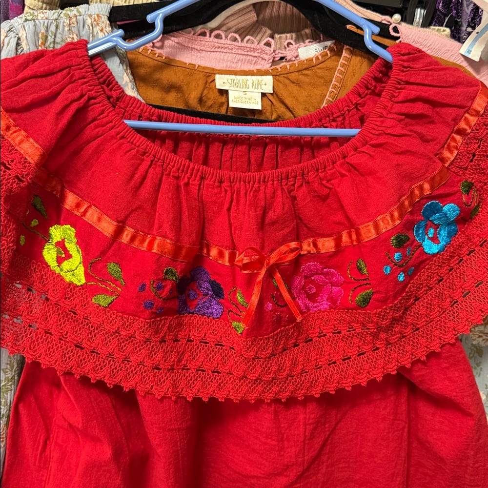 Red Embroidered Off-Shoulder Top - Picture 3 of 5